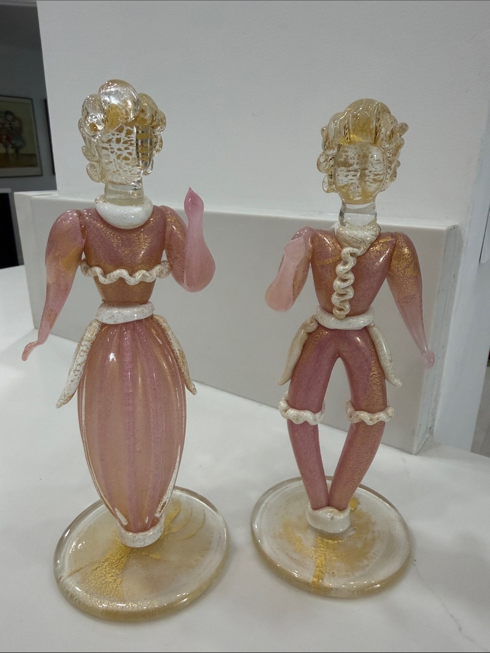 Pair of Pink Handblown Glass Figurines with Gold Accents